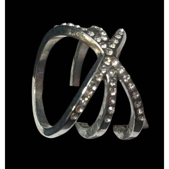 Elegant Glam Rhinestone Silver Tone Triple Crossover Ring Size 7 - Picture 4 of 12